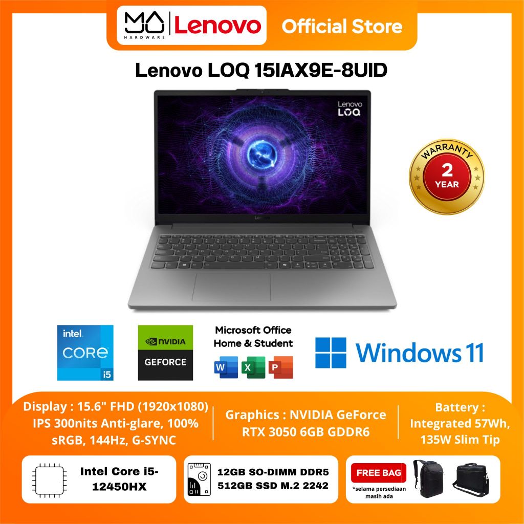 Laptop Lenovo LOQ 15IAX9E Intel i5-12450HX 12GB SSD 512GB RTX3050 - Garansi Resmi