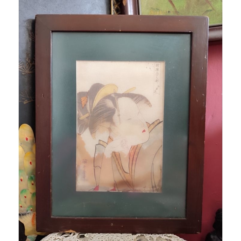 Pajangan Lukisan Kertas Jepang wanita Cantik Vintage Antik Kitagawa Utamaro (Ukiyoe)dalam bingkai ka