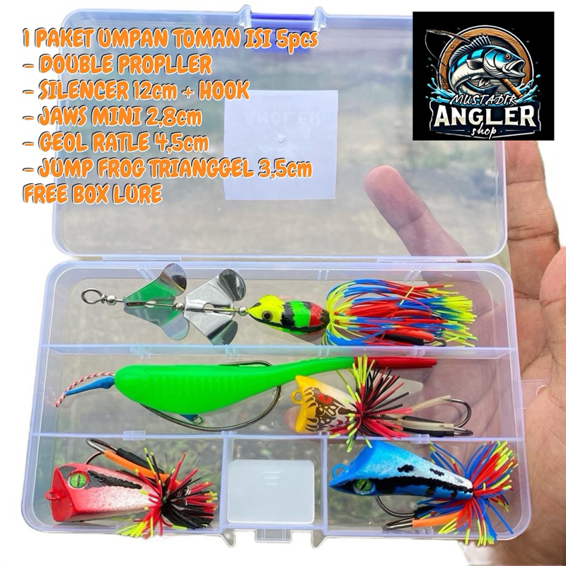 Paket hemat Lure toman isi 5, slater double propller, baby silencer 12cm, jaws mini 2,7cm, jump frog