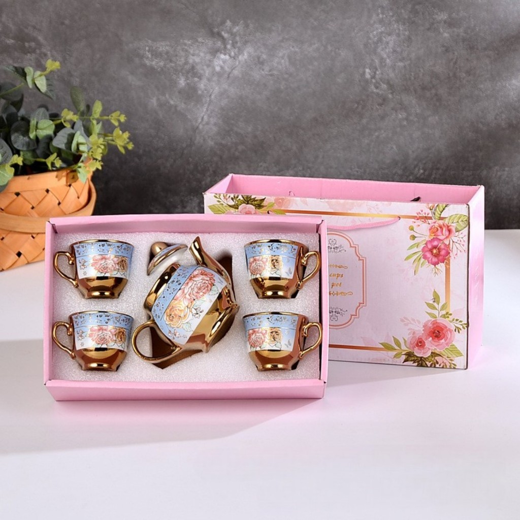 Cangkir Teko Keramik Retro Jadul Vintage Classic Set 4 Cups 1 Pot European Style Hampers Ramadhan Le