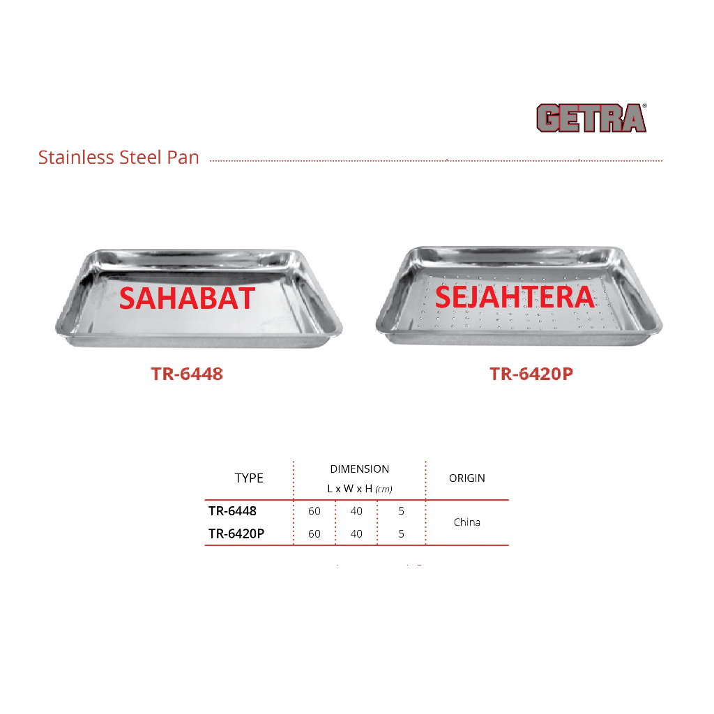 GETRA S/s Pan TR6448 & TR6420P Tray Rice Steamer / Nampan Tanpa Lubang dan Berlubang