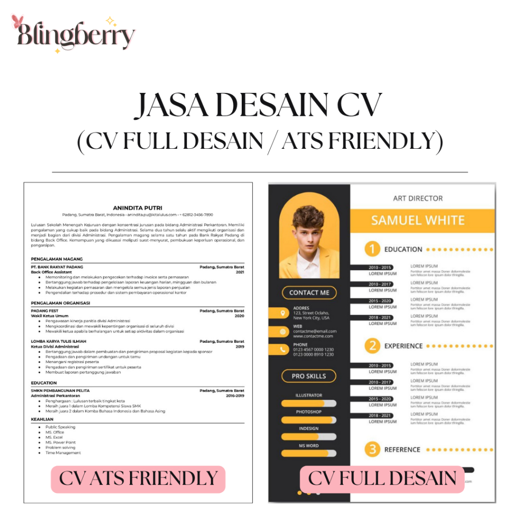 Blingberry - Jasa Desain CV Full Desain / ATS Friendly / Surat Lamaran Kerja / Bahasa Indonesia & Ba