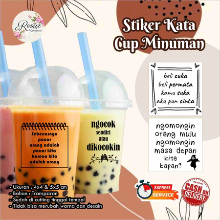 

STIKER TRANSPARAN KATA RECEH CUP MINUMAN / LABEL KOTAK / TOPLES KEMASAN / BOTOL CUSTOM ANTI AIR