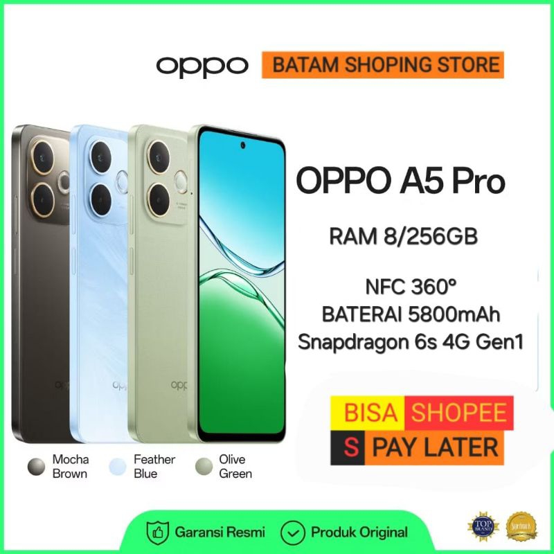 OPPO A5 PRO 4G RAM 8/256GB SNAPDRAGON 6S 4G GEN1 | BATERAI 5800mAh 2025 GARANSI RESMI