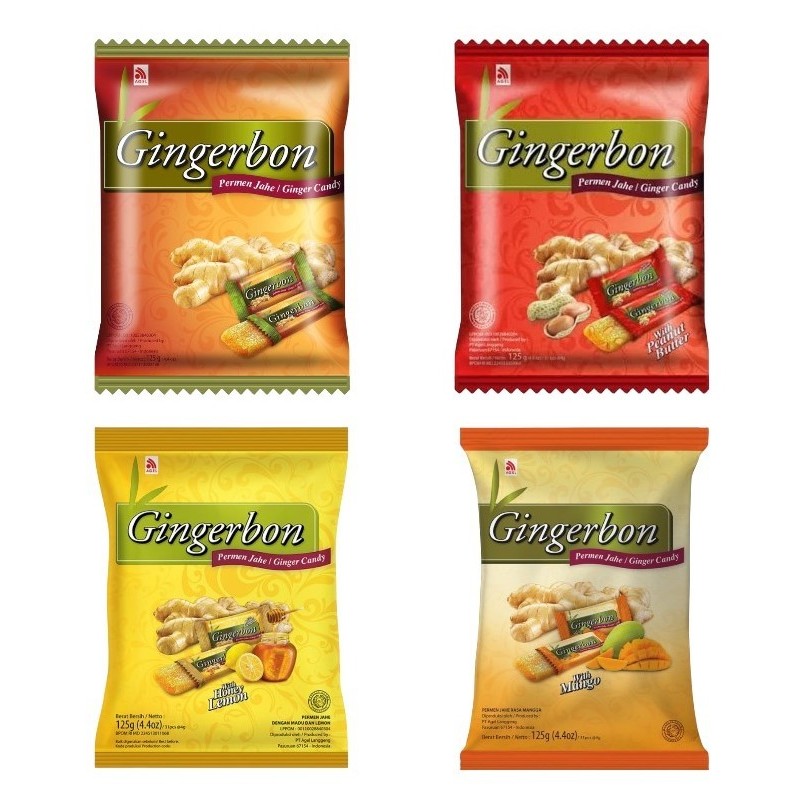 

GINGERBON PERMEN JAHE / GINGER ORIGINAL / PEANUT BUTTER / HONEY LEMON / MANGO 125 GRAM