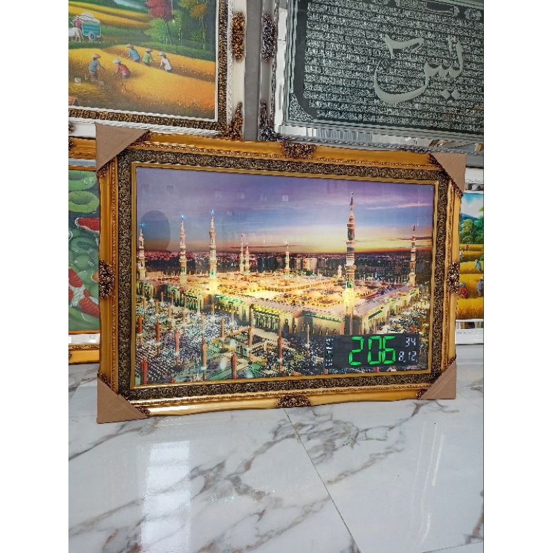 Hiasan dinding mewah kaligrafi kabah dan madina lampu mp3 murotal jam digital.estentik ruang tamu