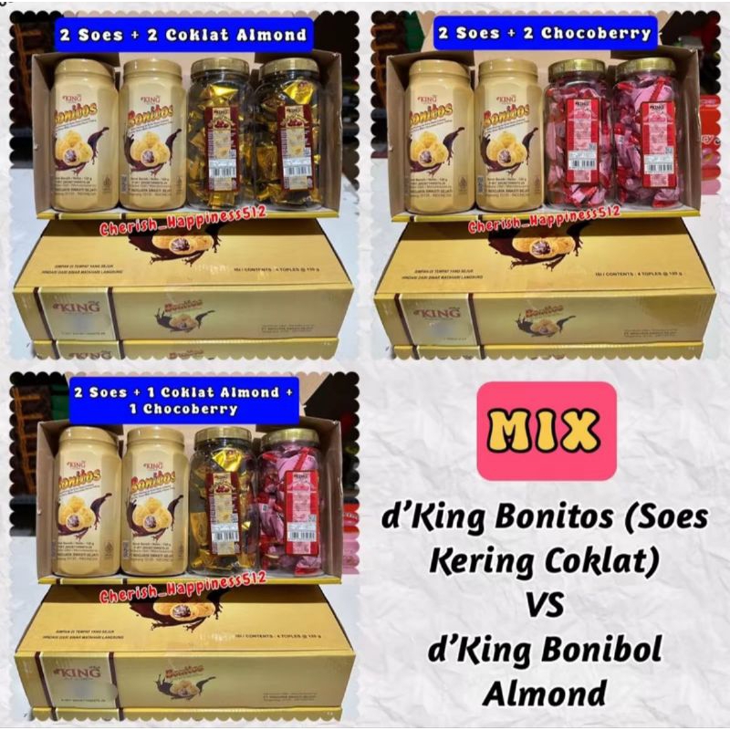 

Mix 1 Kotak Isi d'King Bonitos Soes Kering Rasa Coklat + Bonibol Almond | 1 kardus bundling mix coklat almond 4 toples | Cokelat Kacang Almond Bonibol DKing Per Dus Kecil | Coklat Almond D’KING varian MiX isi 4 Toples cocok untuk Hampers