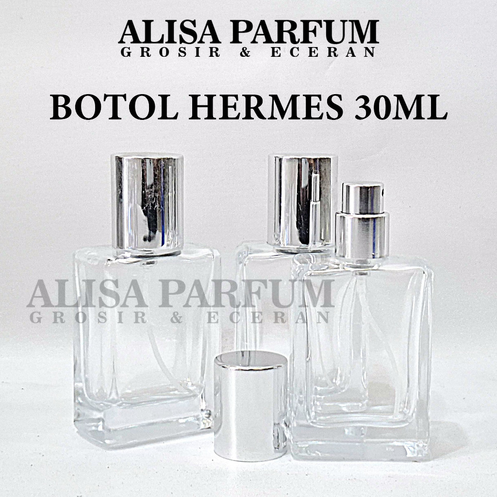 botol kaca hermes 30ml kotak transparan tutup hitam