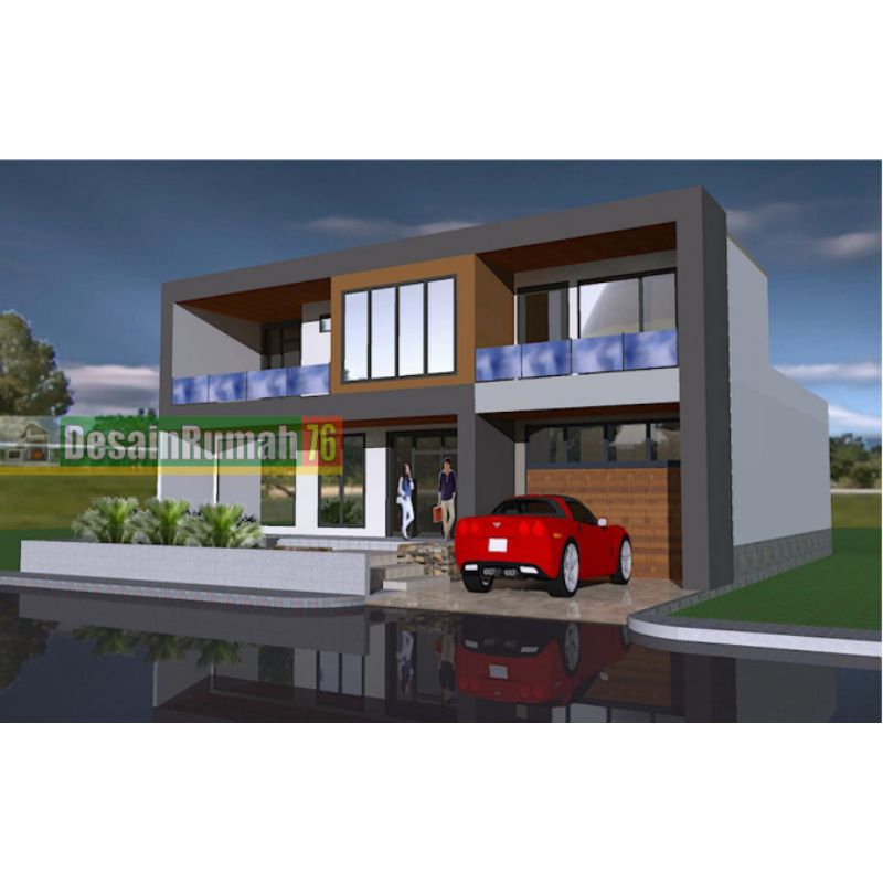 Paket desain rumah tropis 2lantai, 15x14 m2, 5 kamar tidur. desain rumah 3D ekaterior + gambar kerja