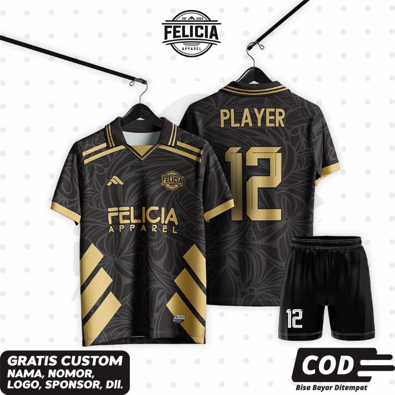 Jersey Hitam Gold Custom Printing Retro Vintage / Jersey Futsal Sepakbola