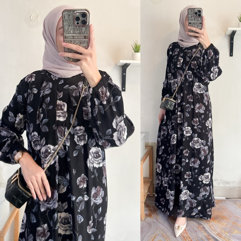 Rosalia Dres Gamis Rayon Motif Bunga Kekinian Rayon Diamond