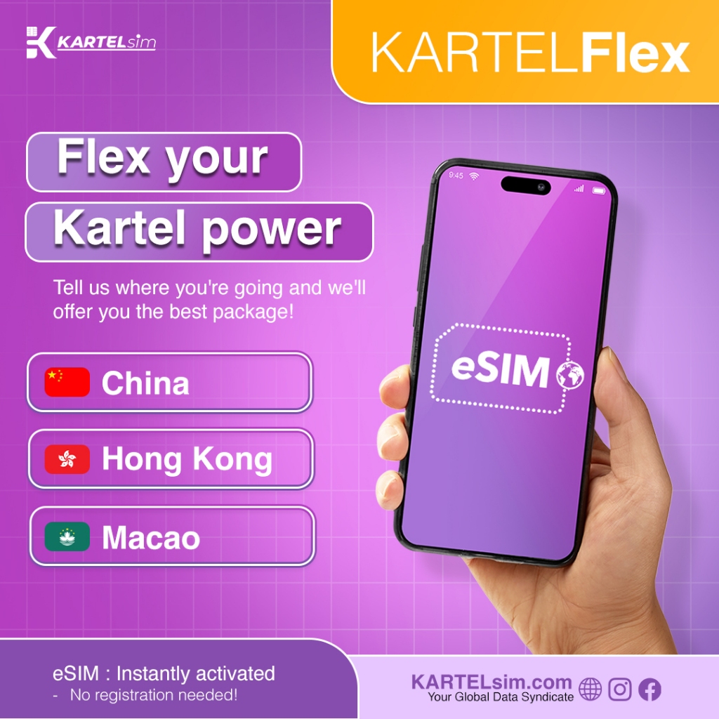KARTELsim eSIM China Hong Kong Macao | KartelFlex Unlimited Harian 1gb cap 4G 2gb 3gb 5-15 hari