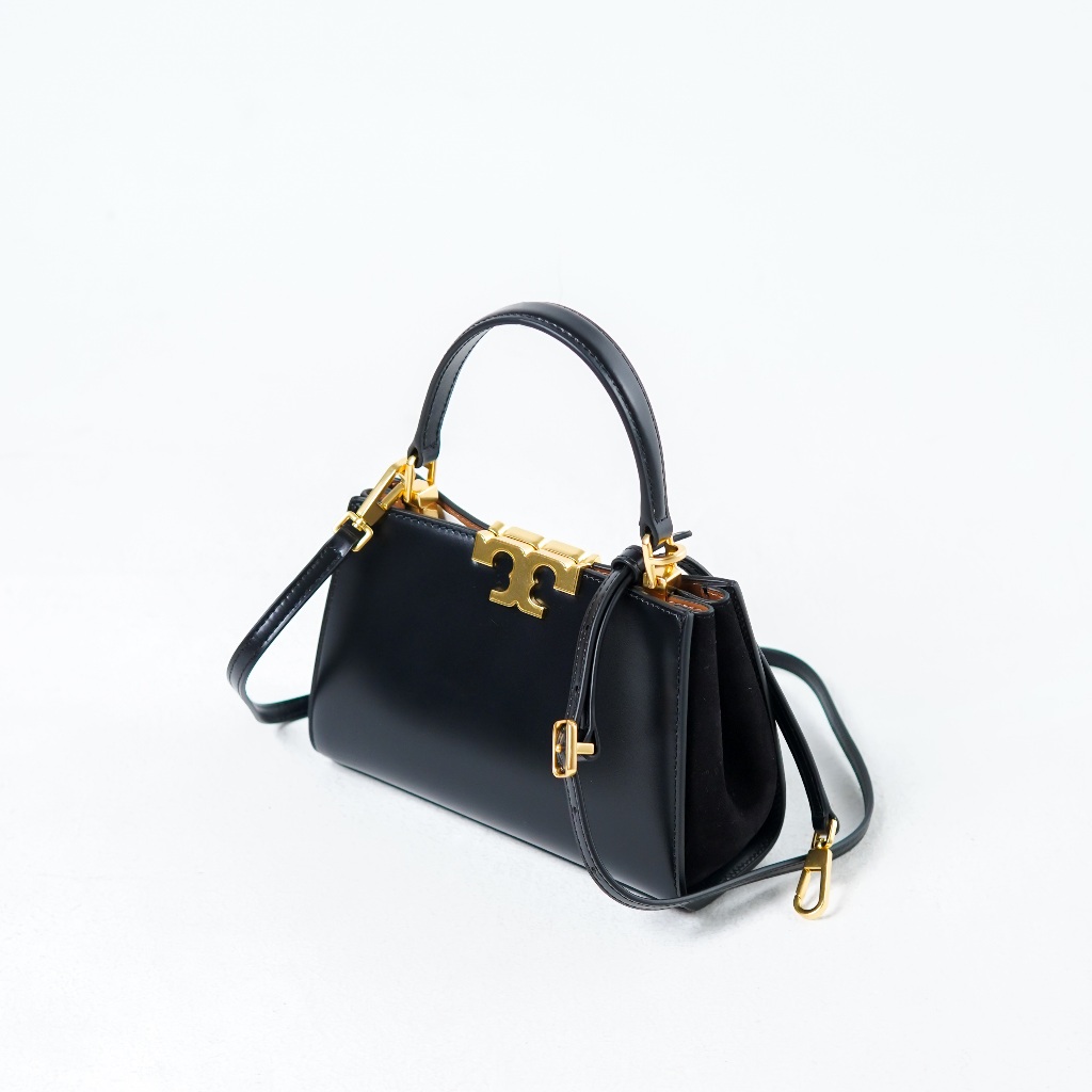 Tas TB ELEANOR GOLD BLACK SMOOTH LEATHER TOP HANDLE BAG WITH LS 100% ORIGINAL