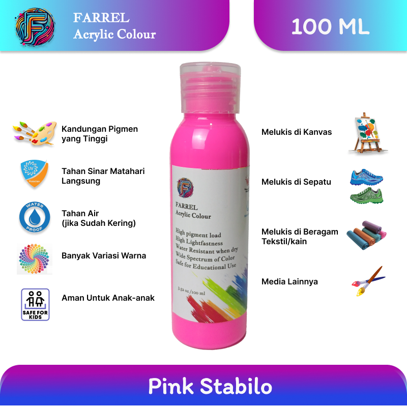 

Cat Akrilik / Lukis / Kanvas / Mural Farrel Acrylic Paint Colour 100ml Warna Pink Stabilo