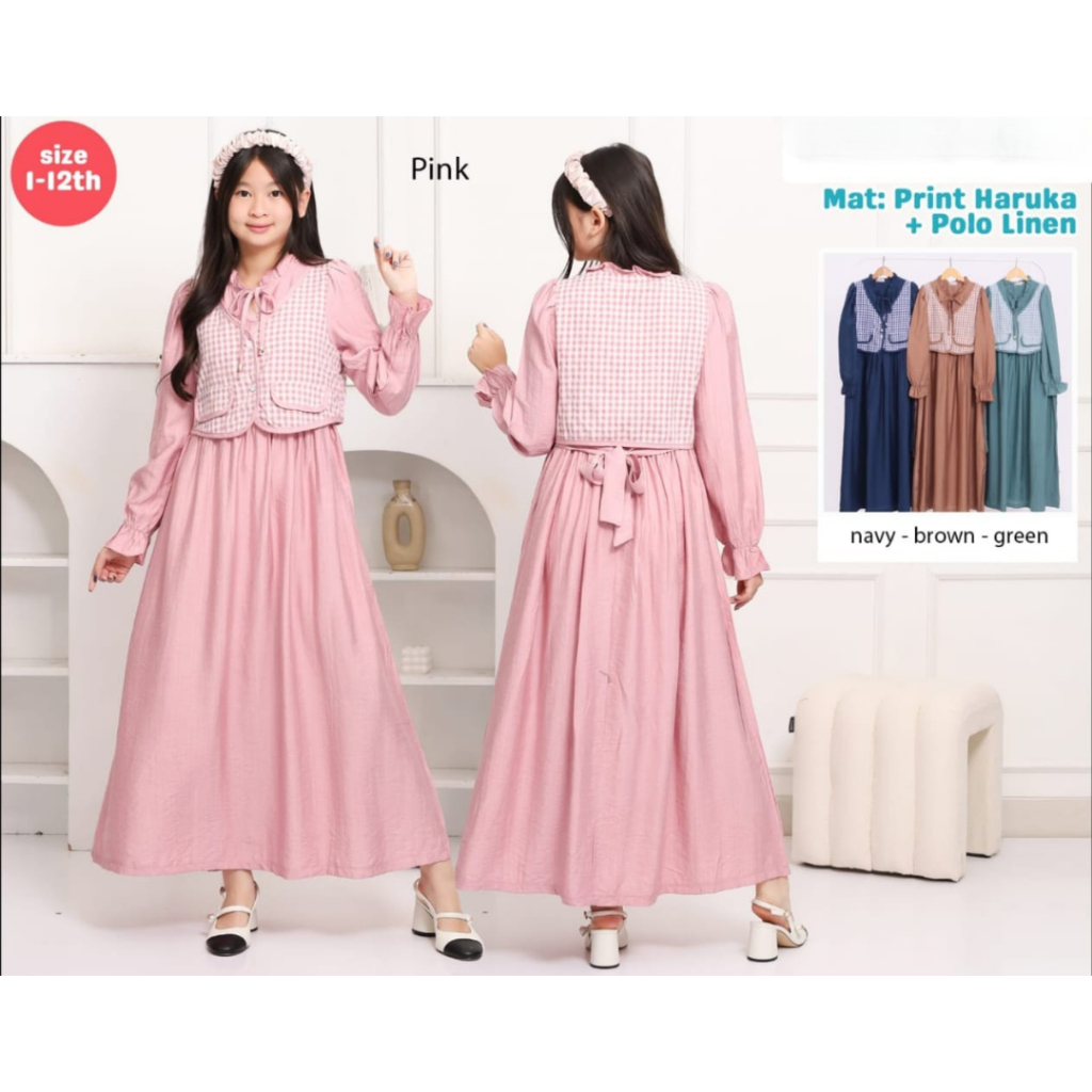 Maxi Dress Rompi Lengan Panjang Anak Perempuan 7-12 Tahun | Terusan Gamis Anak | Dress Baju Lebaran