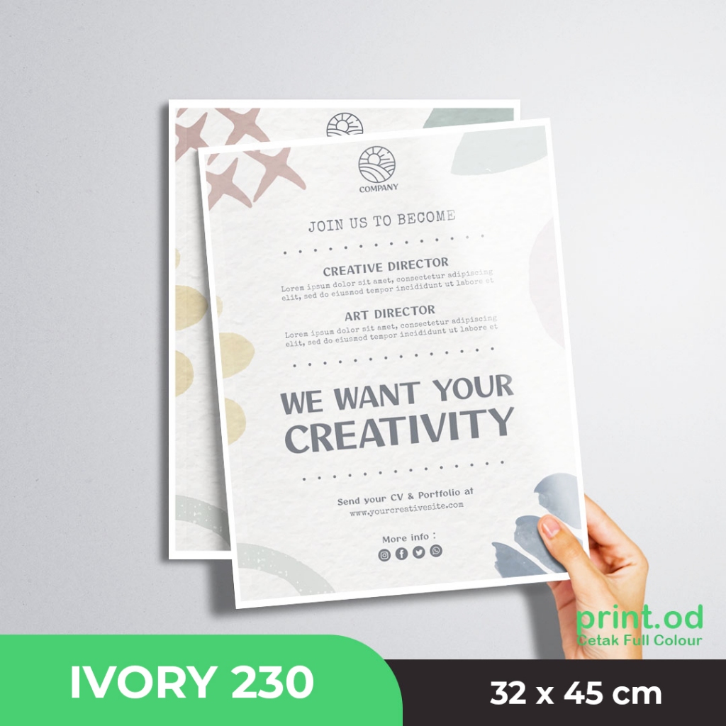 

Print.od Cetak A3+ #Ivory230 (32 x 45 cm) Full Colour #ivory