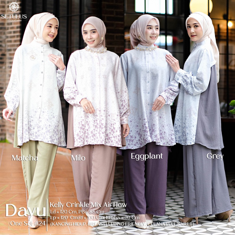 Setelan Dayu 2 Oneset Premium Tunik Printing Celana Kulot Lebaran Panjang - Bahan Kelly Crinkle Mix 