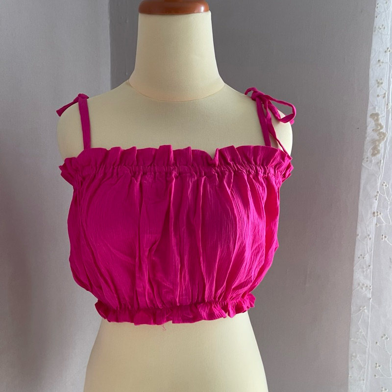 Atasan Tanpa Lengan Wanita Tali Adjustable Claude Crinkle Crop Top Rayon Croptop Tanktop Fuschia Pin
