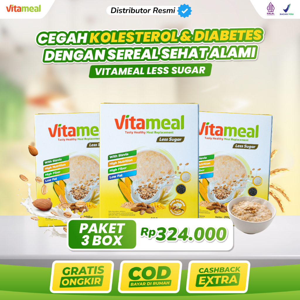 

PAKET HEMAT VITAMEAL LESS SUGAR 3 BOX - Meal Replacement No 1 Di Indonesia Penuh Nutrisi Sehat Bantu Turunkan Kadar Gula Kolesterol Asam Lambung Gerd Jantung Diet Fasting Original BPOM Tanpa Efek Samping