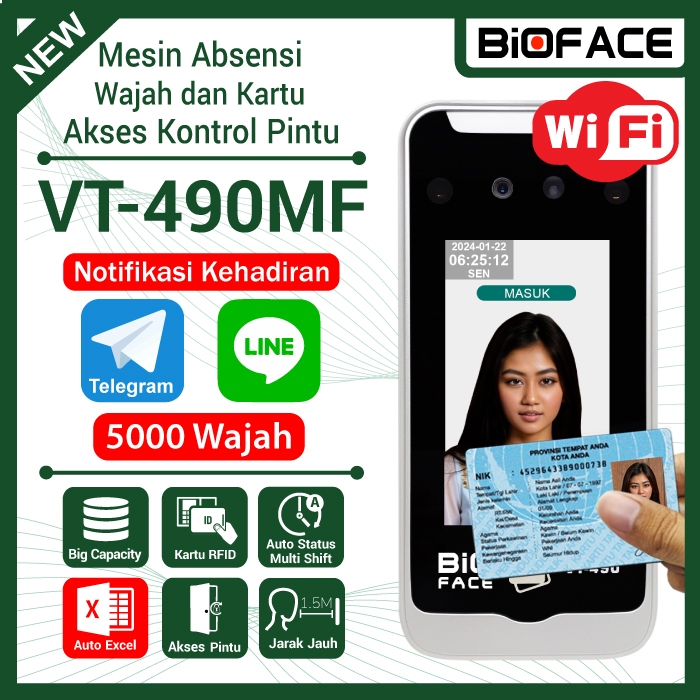 Free Notif Telegram Absensi Wajah Kartu NFC e-Money e-KTP BIOFACE VT-490MF USB WiFi LAN Auto Excel