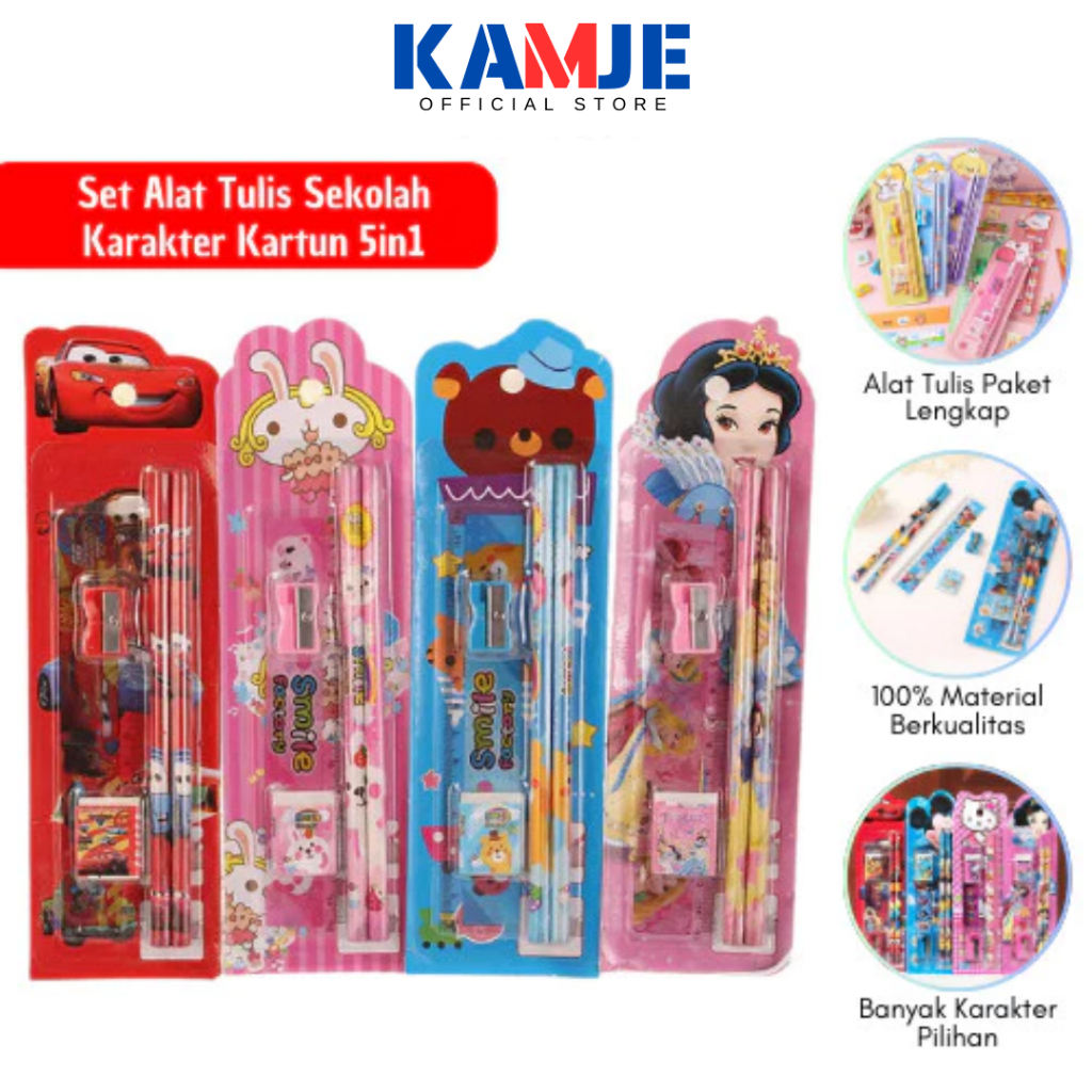 

KAMJE Set 5in1 Alat Tulis Sekolah Lengkap Pensil Penghapus Penggaris Rautan Serutan Karakter