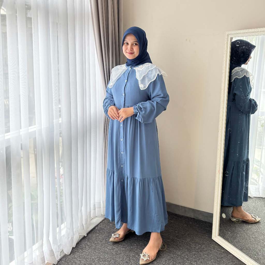 Midi Fayyana Rayon Twill Premium LD 110 Gamis Rayon Diamond Kerah Ruffle Tile Bordir