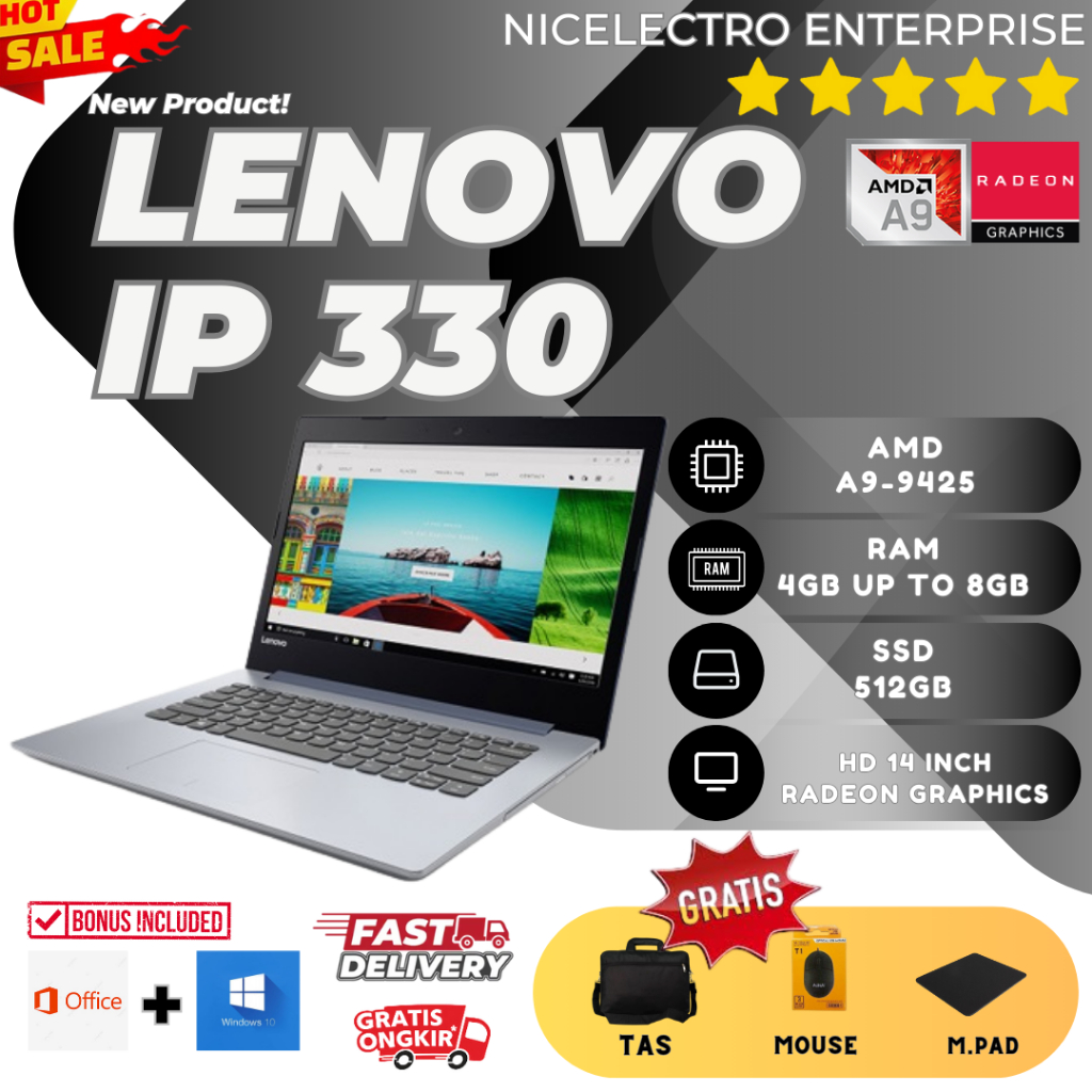 LAPTOP LENOVO IDEAPAD IP 330 | AMD A9-9425 | RAM 8GB | SSD 512GB | DVD | WINDOWS OFFICE | FREE BONUS