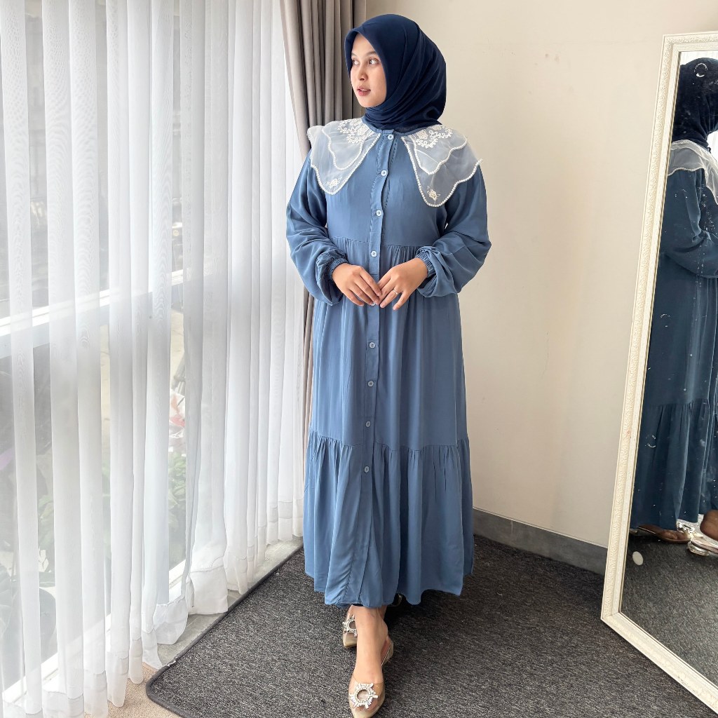 Midi Fayyana Rayon Twill Premium LD 110 Gamis Rayon Diamond Kerah Ruffle Tile Bordir