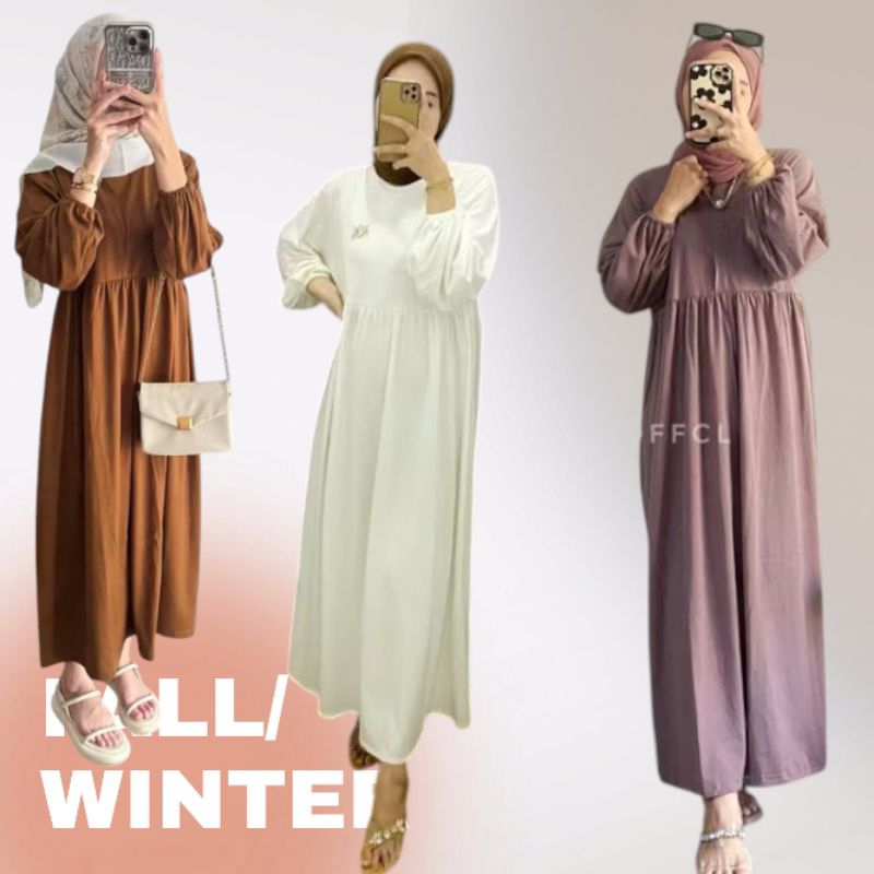 Dress Dres Polos Midi Lengan Balon All Size Baju Terusan Muslim Kekinian Gamis Lengan Balon Panjang 