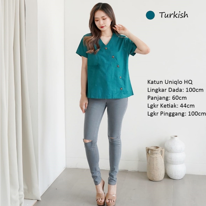 atasan blus kancing depan katun linen Rami halus Fit S to M CK17
