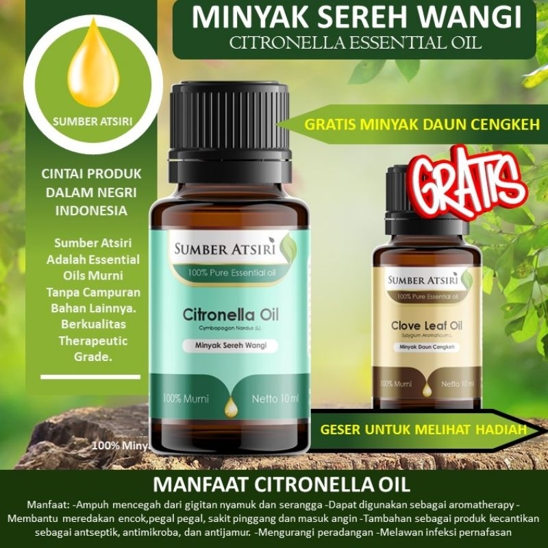 SUMBER ATSIRI | ESSENTIAL OIL minyak sereh wangi (citronella oil) 5 ML 10 ML PURE NATURE DIFFUSER