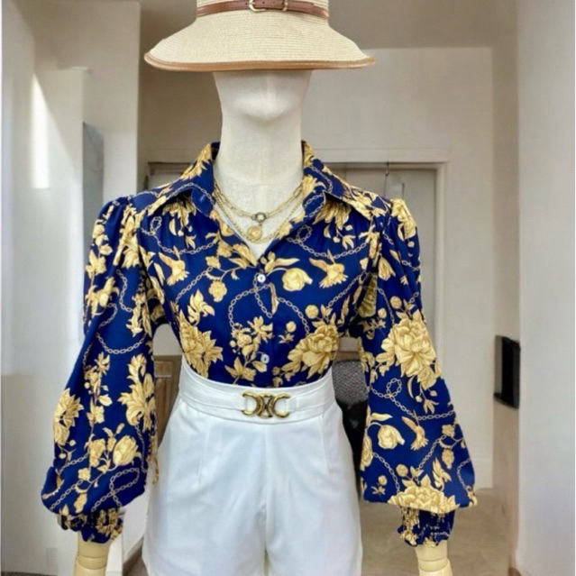 CHAINY TOP PUFFY LENGAN PANJANG BANGKOK Atasan Lengan Balon Bahan Satin Dengan Motif [ Bajubangkoksa