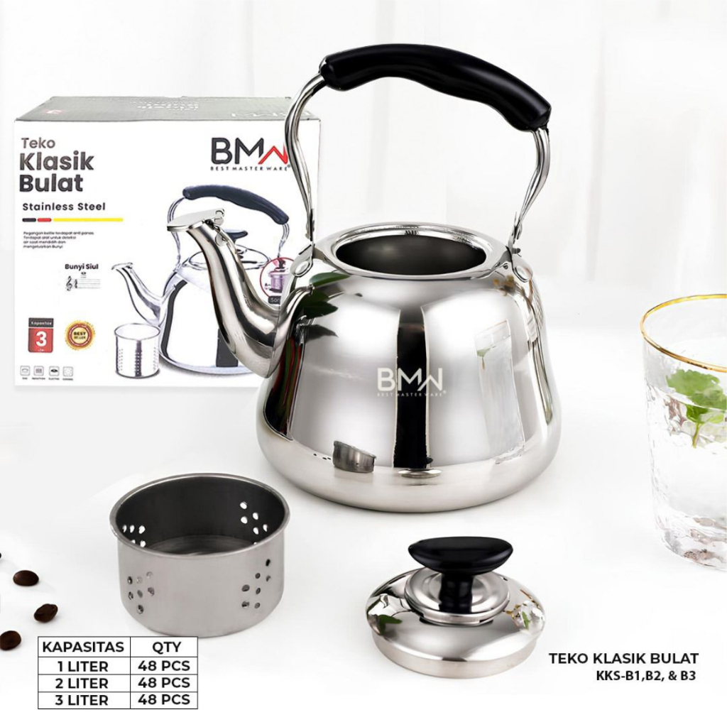 Teko Bunyi Siul Klasik Bulat Stainless - Teko Masak Air 1 Liter BMW KITCHENWARE