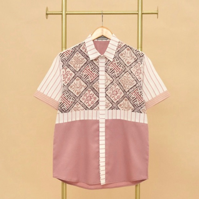 Kemeja Cowok Batik M1141 Tangan Pendek Dusty Pink