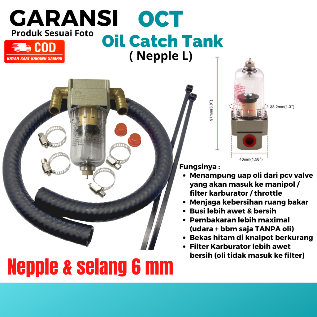 OCT 6 mm Nepple L Filter Uap Oli Mesin OCT Oil Cath Tank Variasi Sparepat Mobil Penampung Uap Oli Me