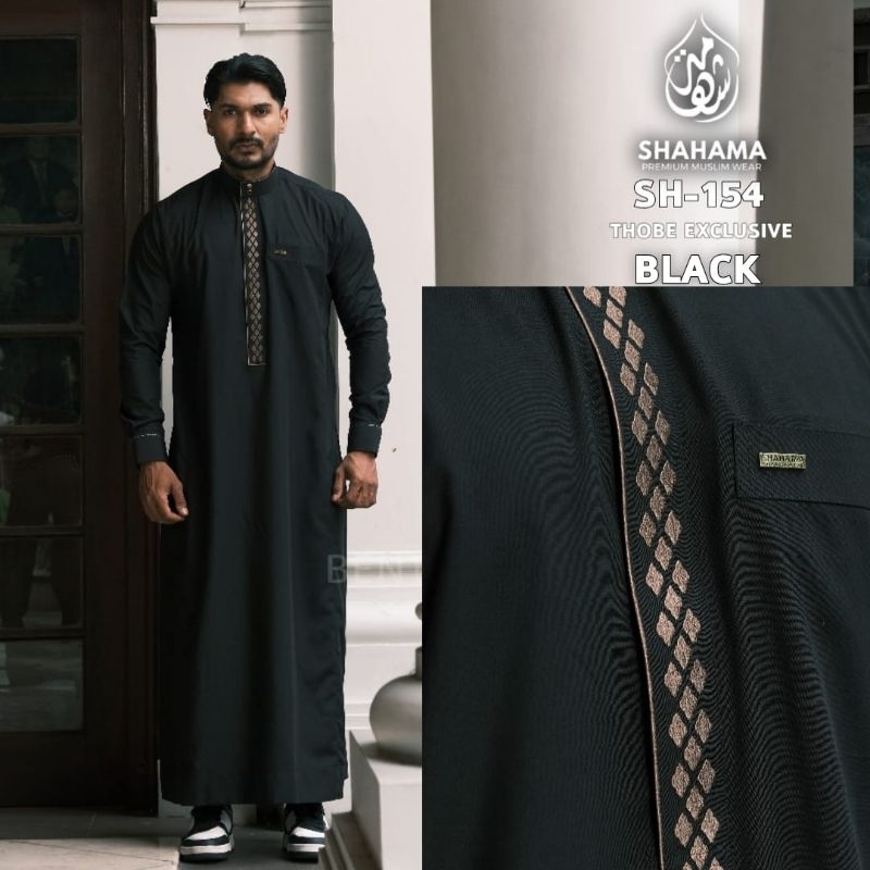 Thobe Shahama SH-154 Gamis Pria Premium Slimfit Thobe Saudi Limited Edition Hitam Black