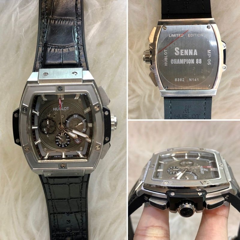 JAM TANGAN PRIA HUBLOT SENNA RUBBER BLACK SILVER JAPAN QUARTZ SUPER QUALITY DIAMETER 42MM