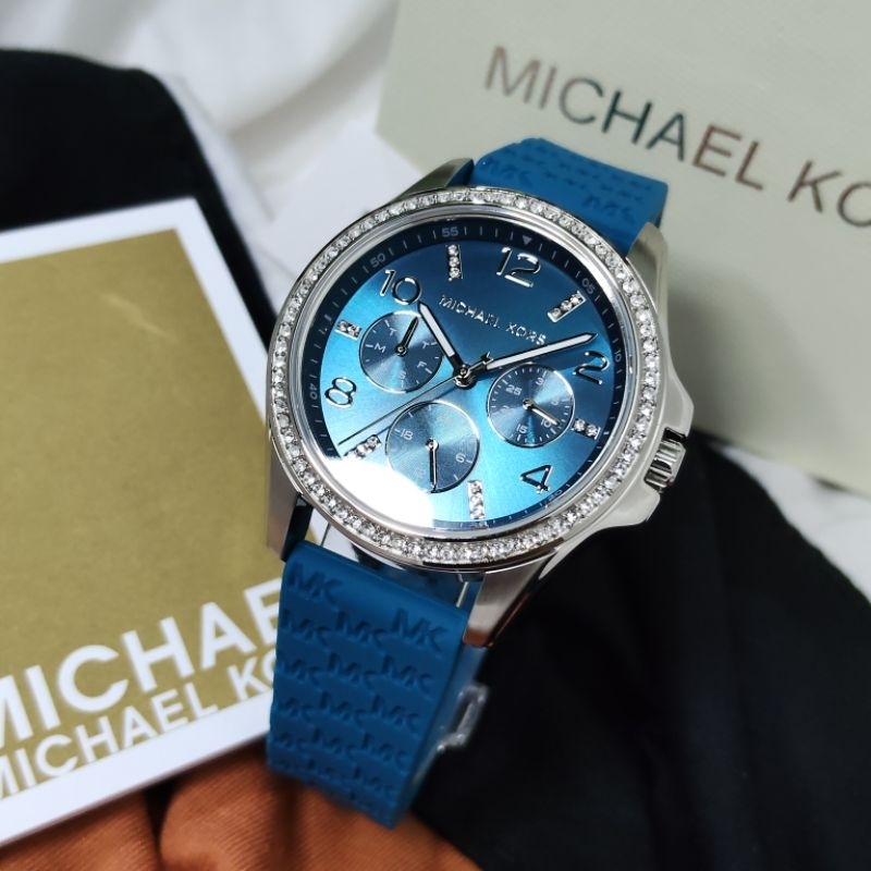 Michael Kros MK1004  Mini Pilot Strap Rubber Pave Blue Original Jam Tangan Wanita Free Box Ori