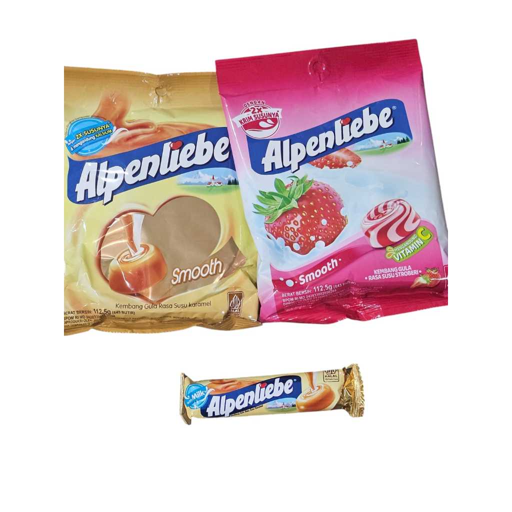 

Alpenliebe Smooth Candy Karamel stroberi 112.5 gr. Alpenliebe Karamel Stik 32gr(9 butir). Permen Alpenliebe