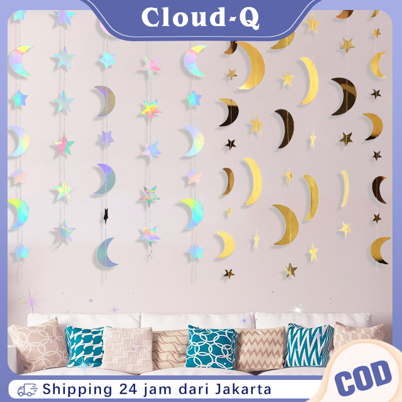 Hiasan Gantung Bulan Bintang 4 Meter Garland Bintang Bulan Glitter Untuk Dekorasi Eid Mubarak