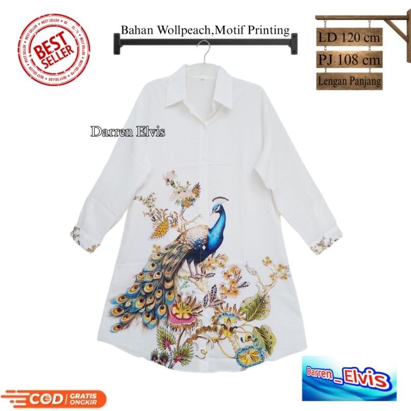 Tunik Wanita Import / Putih / Motif Bunga Merak 001