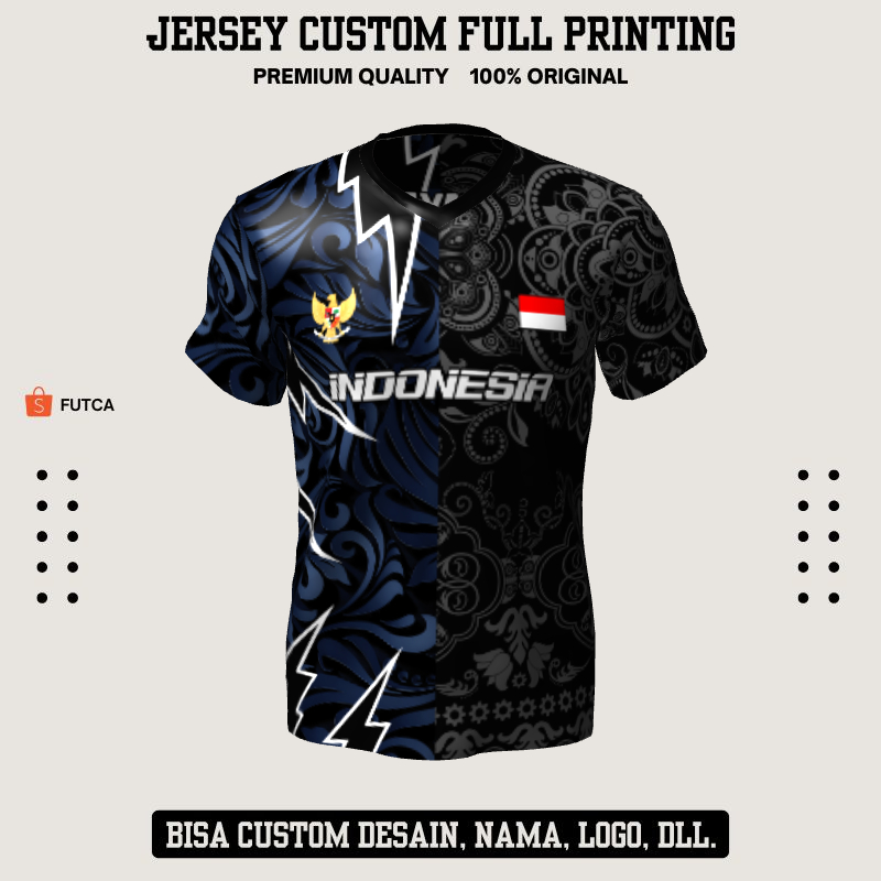 Kaos Jersey Futsal Hitam Abu Biru Motif Batik 554 - Jersey Baju Olahraga Custom Full Printing