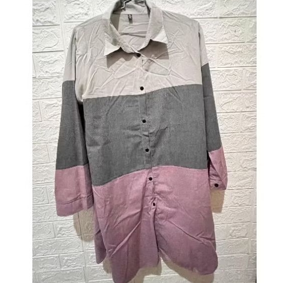 Tunik Kemeja Hem Panjang midi dress atasan 3 tone warna light grey dark grey abu lilac ungu full kan
