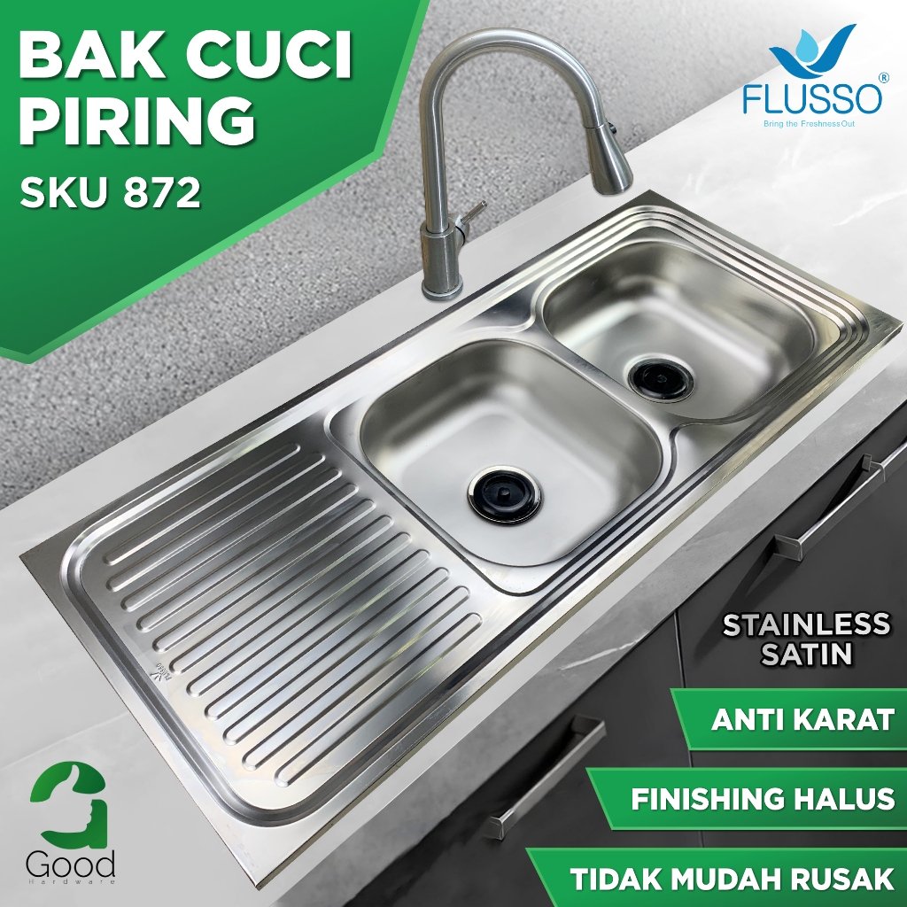 Flusso Wastafel Bak Cuci Piring Stainless Dua Lubang Sink Cuci Piring Dapur 120x50