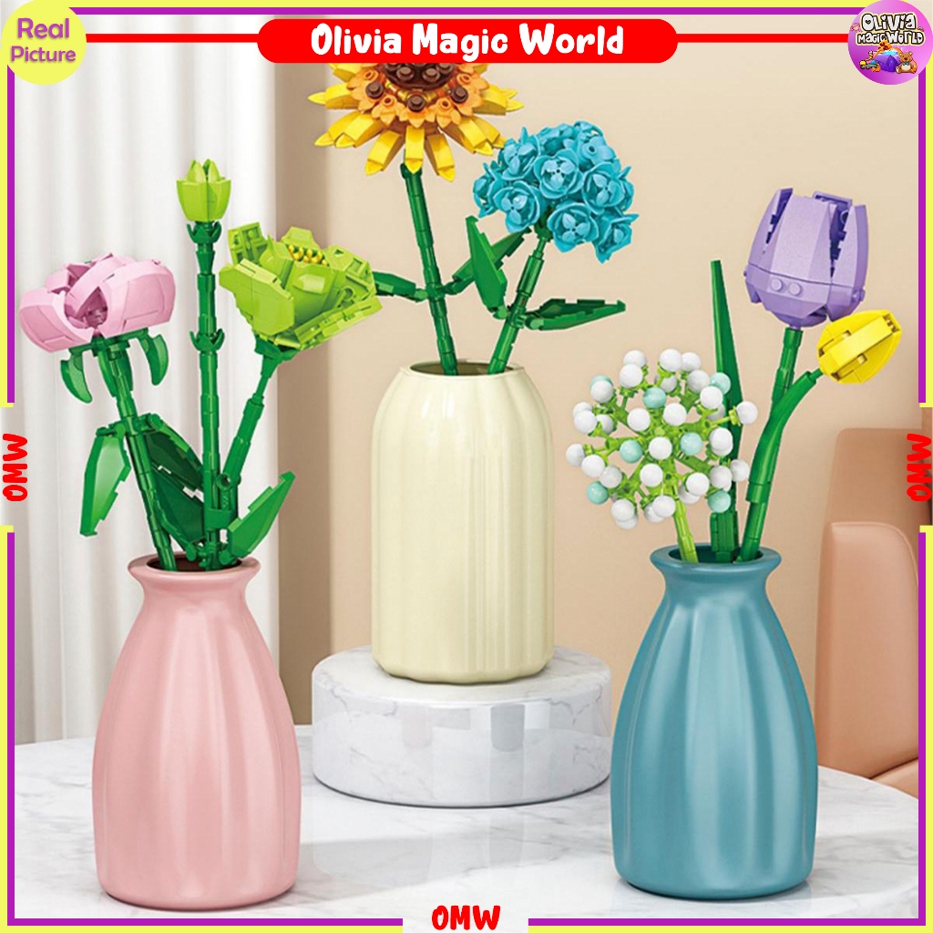 Mainan Flower Bucket Bricks Florist Bunga Toys Bunga Untuk Hadiah Plant Collection Nano Block