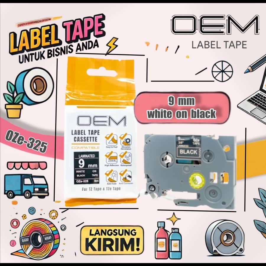 

OZe-325 OEM LABEL TAPE BROTHER 9mm White On Black
