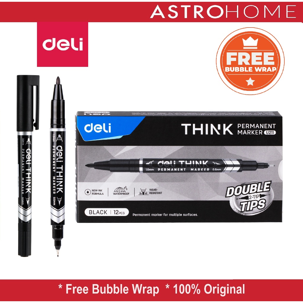 

Spidol Deli THINK Permanent Double Tip 2-Tip 2 Sisi 0.5mm & 1.0mm Bullet dan Needle - U211 EU211 Permanent Marker Ink Black 1.0mm/0.5mm / Spidol Permanen Hitam