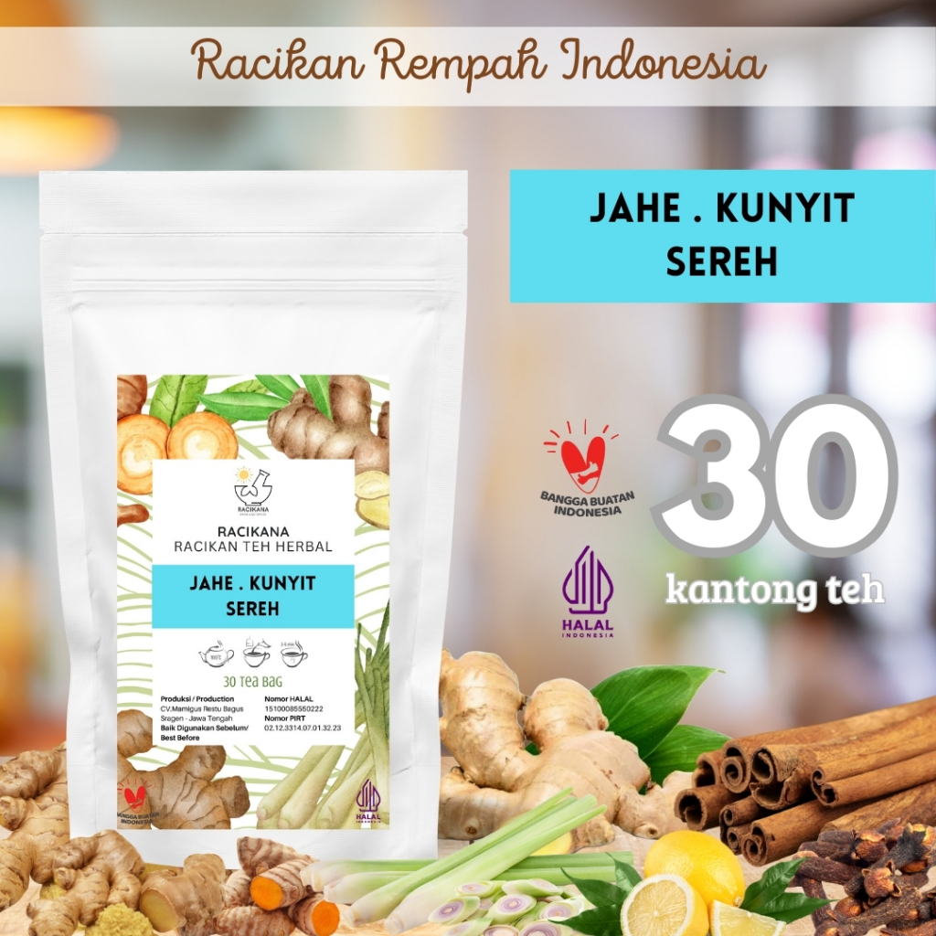 

TEH JAHE KUNYIT SEREH SERAI CELUP / Ginger Turmeric Lemongrass / Teh Rempah Rimpang / 30 Tea Bag