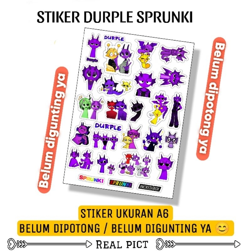 

STIKER DURPLE SPRUNKI / STIKER BELUM DIPOTONG BAHAN VINYL UKURAN A6 / STICKER / STIKER KARAKTER LUCU