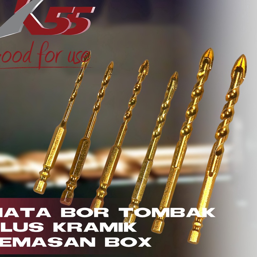 KI3 K55 Mata Bor Tombak Titanium Cross Keramik Beton Kaca Kayu Ubin Tembok Batu Batu Alam 412mm Satu